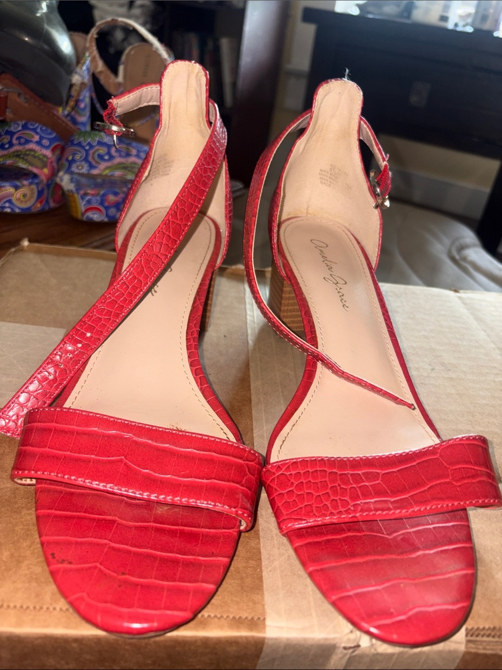 AEROSOLES Red Croc-Embossed Ankle-Strap Heels